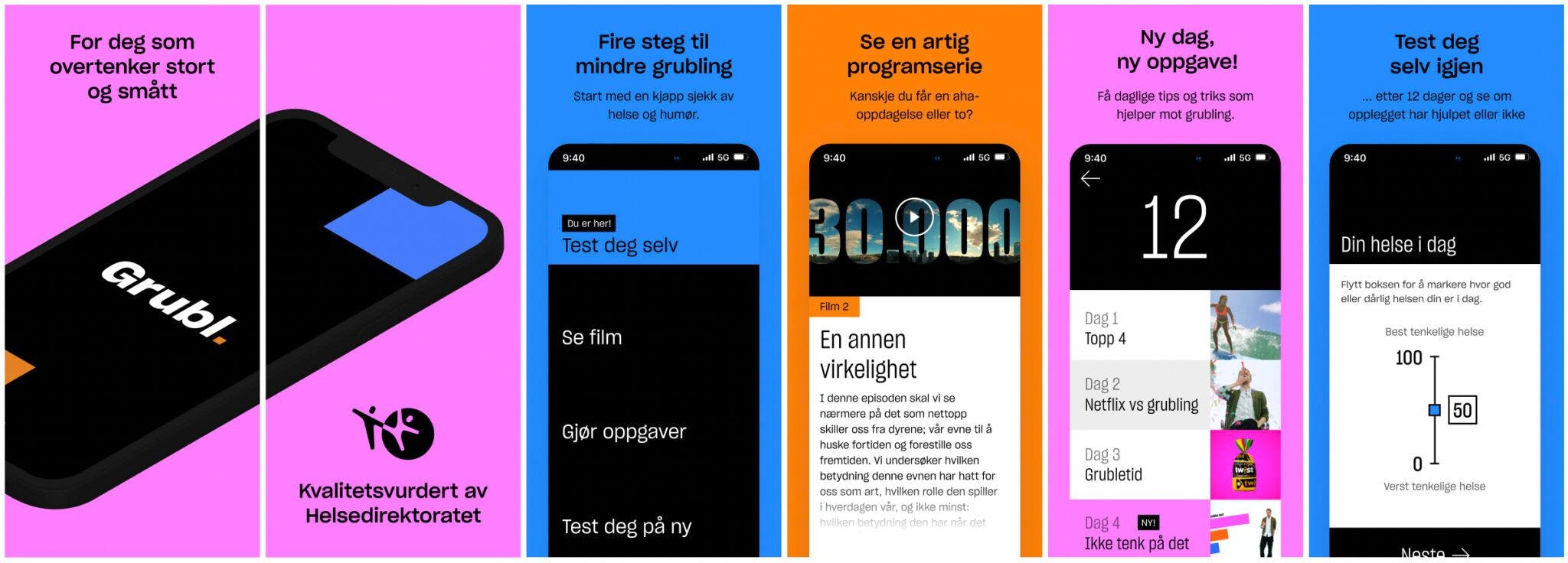 Reklamedisplay for gratisappen Grubl. Bildet viser en rekke mobilskjermer som alle viser ulike deler av appen.