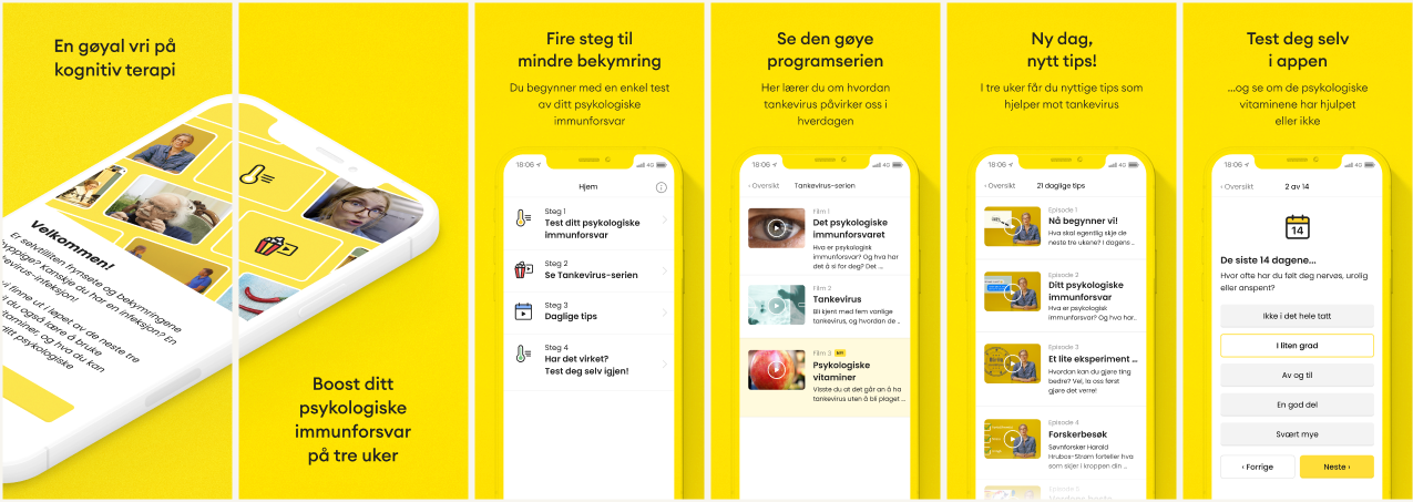 Skjermbilde av display-reklame for appen "Tankevirus". Bildet viser en gul bakgrunn, med flere små mobilskjermer som alle viser ulike deler av appen. 