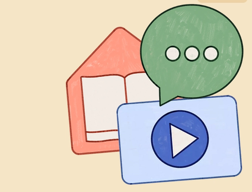 Skjermbilde av undervisningsprogrammet "Influensernes helseråd". På beige bakgrunn er det illustrert et hus med en bok, en grønn snakkeboble med tre prikker i, og en blå skjerm med "play"-knapp.
